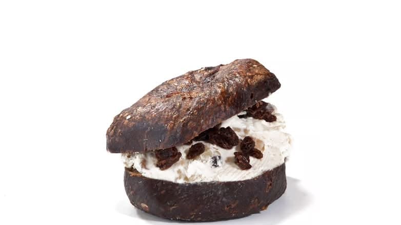 Apple Walnut Raisin on a Bagel.