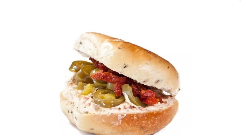 Sundried Tomato Jalapeno Cream Cheese on a Bagel.