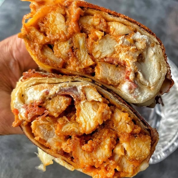 A Plainview Bagel Cafe buffalo chicken wrap, cut in half, revealing chicken, sauce, and cream cheese.